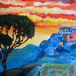 Peinture acrylique : Laguna Beach Sunset , oeuvre impressionniste rouge bleu, décoration murale côtière image 3