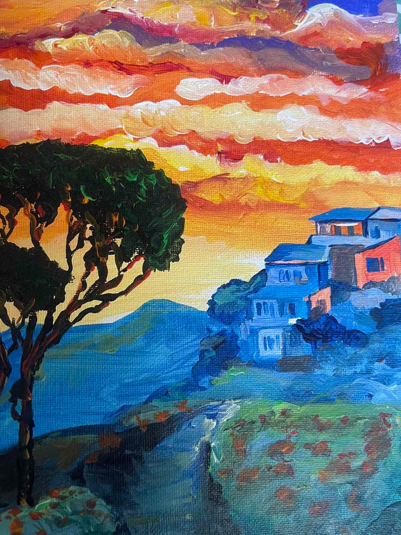 Peinture acrylique : Laguna Beach Sunset , oeuvre impressionniste rouge bleu, décoration murale côtière image 3