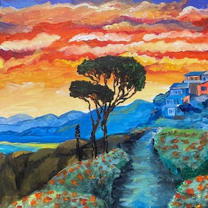 Peinture acrylique : Laguna Beach Sunset , oeuvre impressionniste rouge bleu, décoration murale côtière image 1