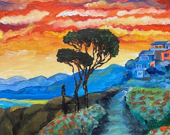 Peinture acrylique : « Laguna Beach Sunset », oeuvre impressionniste rouge bleu, décoration murale côtière