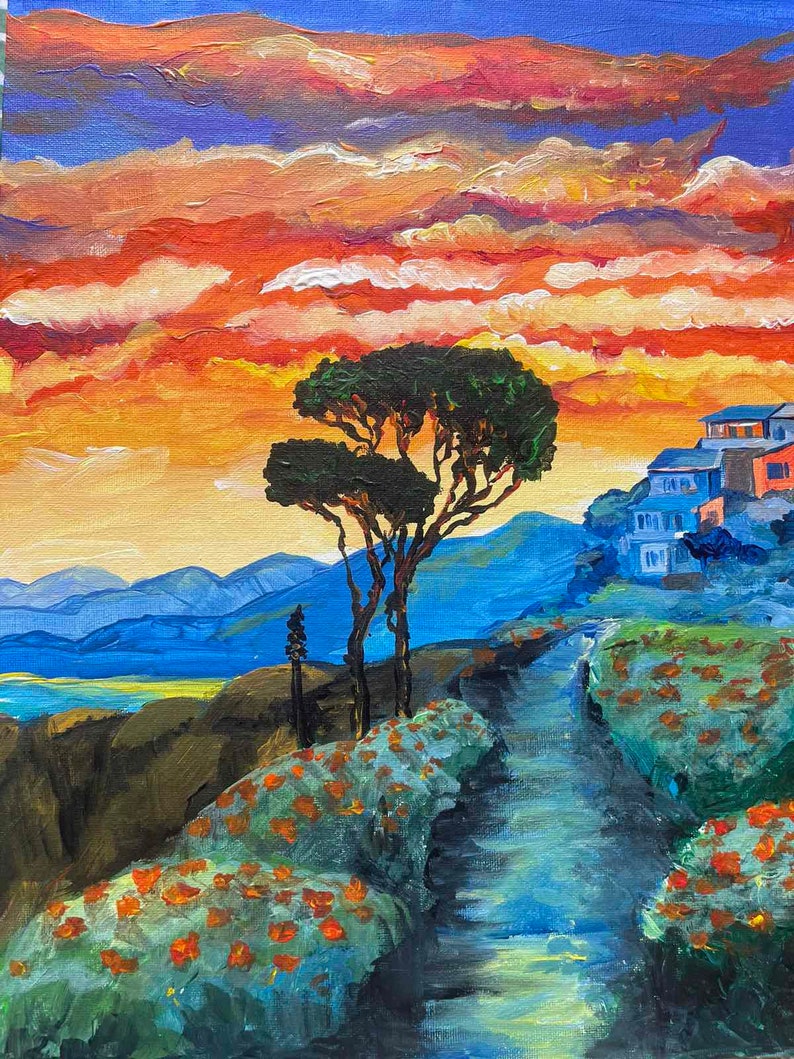 Peinture acrylique : Laguna Beach Sunset , oeuvre impressionniste rouge bleu, décoration murale côtière image 1