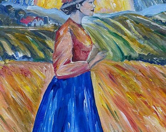 Peinture acrylique « Portrait d'une femme qui marche dans le style Van Gogh, art impressionniste, décoration murale chic