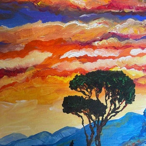 Peinture acrylique : Laguna Beach Sunset , oeuvre impressionniste rouge bleu, décoration murale côtière image 2