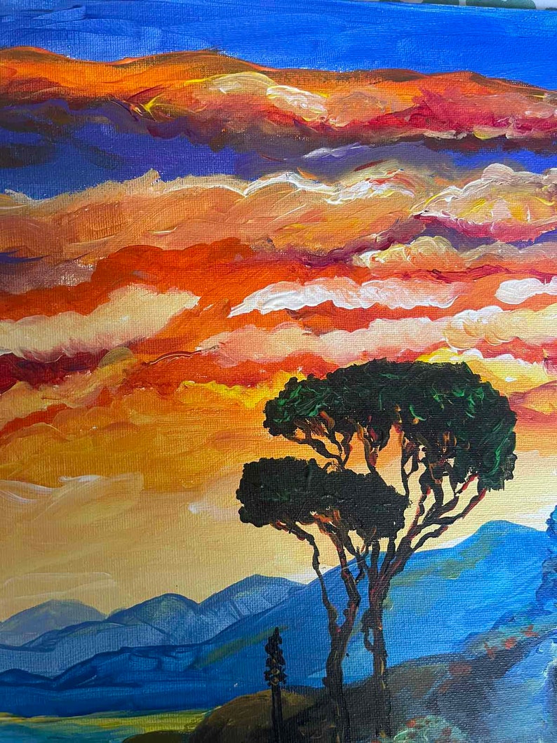 Peinture acrylique : Laguna Beach Sunset , oeuvre impressionniste rouge bleu, décoration murale côtière image 2