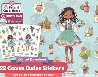 Kawaii Cactus Cutie Printable Digital Stickers & Graphics, Digital Download, Printable Sticker Sheet