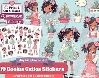 Kawaii Cactus Cutie pegatinas y gráficos digitales imprimibles, descarga digital, hoja de pegatinas imprimible