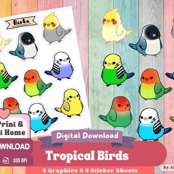 Tropical Birbs Bird Graphics & Printable PNG Sticker Sheet Set, Digital Stickers, Planner Stickers, Cricut Designs, Clip Art