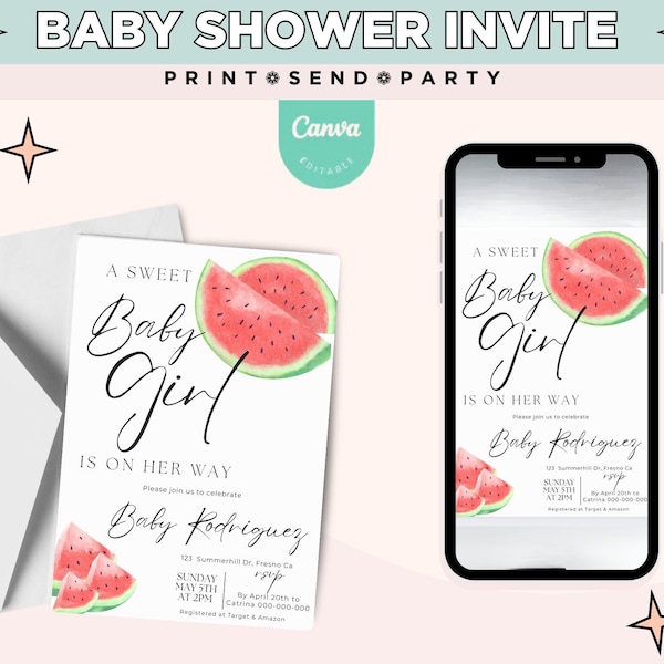 Baby shower invitation - Sweet Baby Shower Invitation - Watermelon baby shower - E-Invite - DIY shower invitations