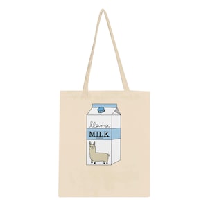 Llama Milk Classic Baumwoll-Einkaufstasche - Lustige handgezeichnete Einkaufstasche, umweltfreundliche wiederverwendbare Tasche, 100% Baumwolle, natürliche Farbe