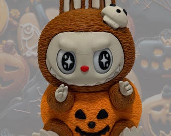 Halloween Pumpkin LaBubu Figurine: 3D Printed Rotating Eyes, 6&quot; PLA Model