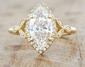 Vintage Marquise halo Engagement Ring, 2 CT Lab Grown Diamond Engagement Ring, Marquise Wedding Ring, Wedding Set For Women Anniversary Gift