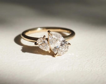 Pear CVD Diamond Two Stone Ring: Art Deco Engagement Ring