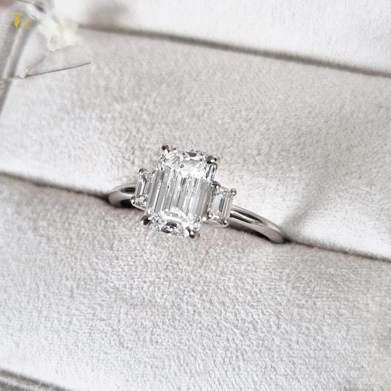 Emerald Cut Lab Grown Diamond Three Stone Engagement Ring - Etsy