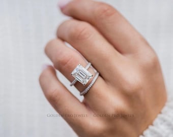5CT Emerald Moissanite Hidden Halo 14K White Gold Engagement Ring