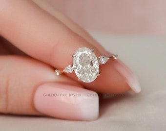 Oval Moissanite Engagement Ring, Pear & Round Side Stone, Hidden Halo