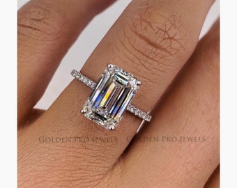 5.0 CT Emerald Cut Moissanite Engagement Ring, 14K Gold Hidden Halo