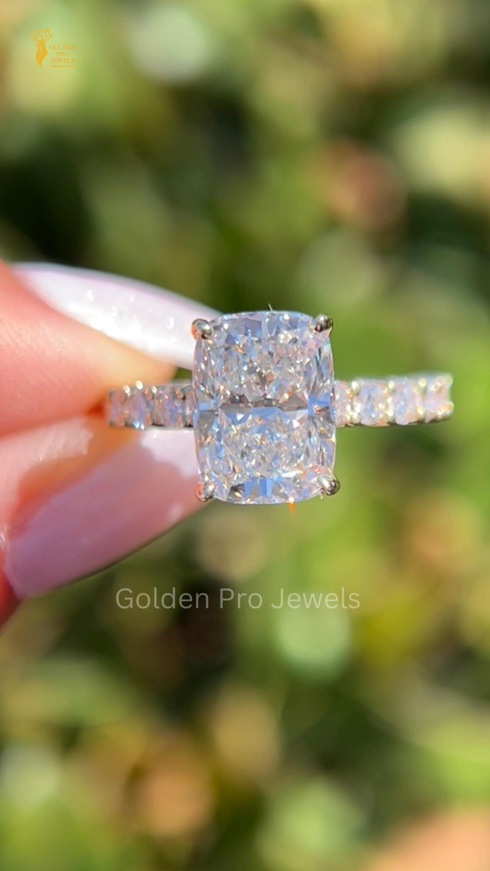 4.0 CT Cushion Cut F-VS1 Lab Grown Diamond Engagement Ring, Hidden Halo, IGI Certified diamond, Art Deco Style, Elongated Cushion Cut Ring
