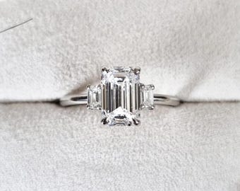 Emerald Cut Lab Grown Diamond Three Stone Engagement Ring