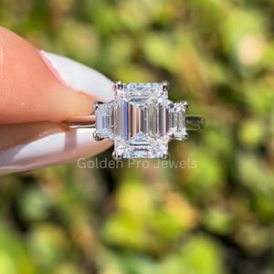 3.0 CT Emerald Cut F-VS1 Lab Grown Diamond Engagement Ring, Three Stone Unique Style Diamond Ring,IGI Certified Diamond Wedding Ring For Her