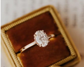 1.5ct Oval Moissanite Ring, Hidden Halo Sterling Silver Engagement Ring