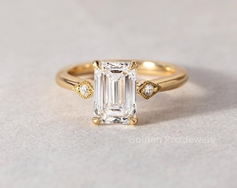 2.0 CT Emerald Cut Lab Grown Diamond Engagement Ring: Yellow Gold Solitaire