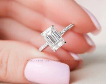 2.5CT Emerald Cut Moissanite Engagement Ring, 14k Gold Hidden Halo