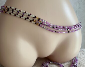 handmade waist and belly beads chain, mouve violet