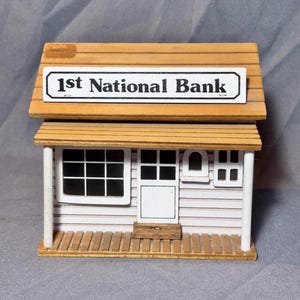 Rare Musical 1st National Bank Money Coin Piggy Bank Box Chinese Craftsman Wood