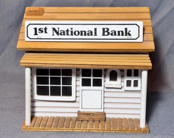 Rare boîte tirelire musicale 1ère banque nationale en bois, artisan chinois