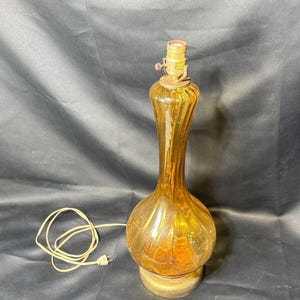 Mid-Century 22&quot; Tall Amber Glass Swirl Table Lamp Genie Bottle Works