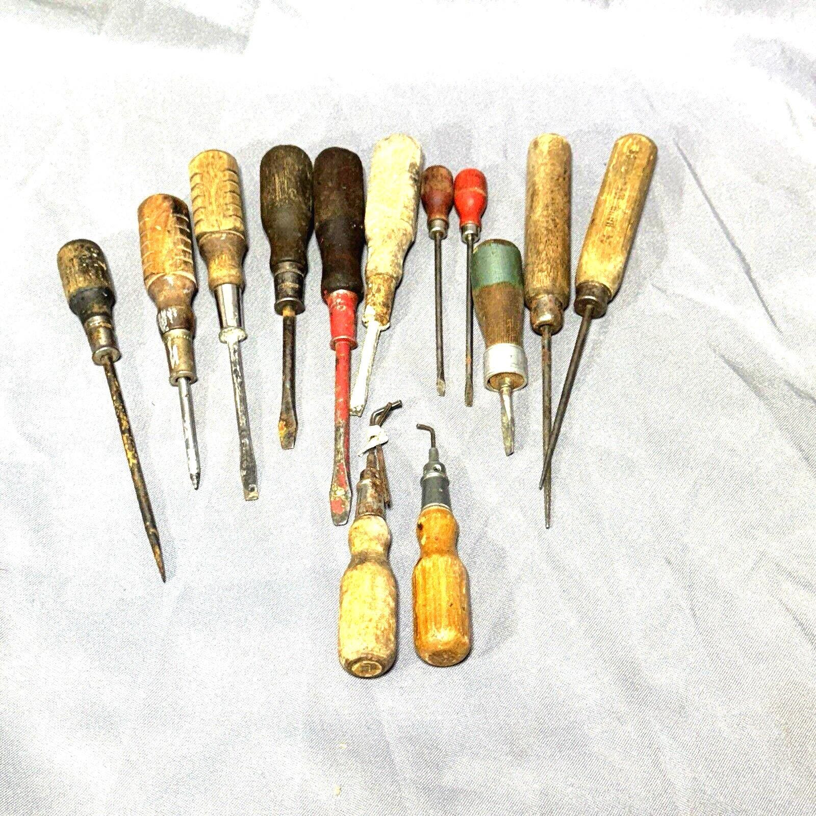 Lot of 13 Antique Screwdrivers Ice Picks Hand Tools Wood Handles