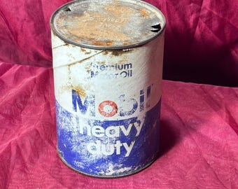 Zabytkowy Mobil Heavy Duty Metalowy pojemnik na olej silnikowy, kolekcjonerski, benzyna/olej, lata 50. XX wieku