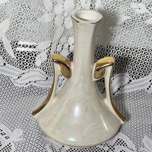 Vintage 6” Lusterware Vase by Pearl China Co Double 22k Gold Handles Iridescent