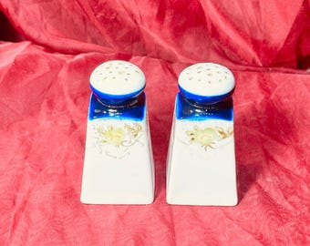 Vintage 3.5" Porcelain Salt & Pepper Shakers Handpainted Flow Blue Style