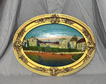 Vintage/Antique Palace Versailles Convex Oval Bubble Glass Reverse Painting Gesso Frame