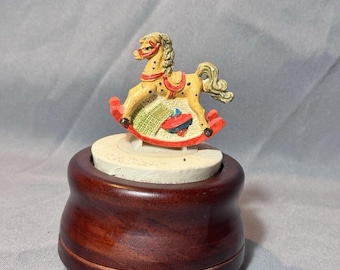 Vintage 5” Wind-Up Musical Christmas Rocking Horse On Wooden Base WORKS