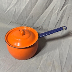 Vintage Two-Tone Orange & Blue Enamel Pan Cooking Pot