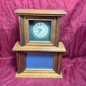 Vintage 15” Two-Tier Wood Mantle Clock Photo Display Quartz WORKS