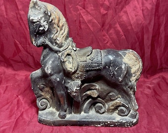 Rare Matte Black Horse Statue Chalkware w/Copper Shimmer Accent Vintage Western