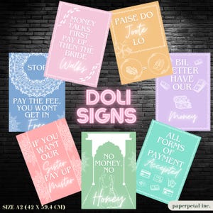 Puede incluir: Una colección de coloridos letreros Doli con frases en inglés e hindi. Los letreros son de color rosa, azul, verde y naranja, con texto blanco y bordes decorativos. Los letreros son de tamaño A2, miden 42 x 59,4 cm.