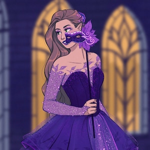 May include: A woman in a purple gown with a sparkling bodice and a matching mask. The gown has a layered skirt and is decorated with small purple flowers. The woman is holding a masquerade mask in her hand.
