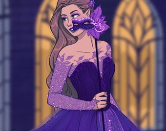 May include: A woman in a purple gown with a sparkling bodice and a matching mask. The gown has a layered skirt and is decorated with small purple flowers. The woman is holding a masquerade mask in her hand.