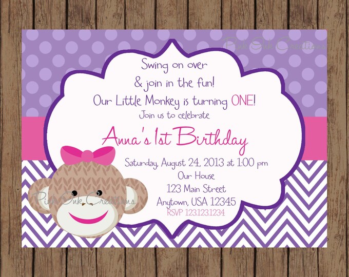 Purple Sock Monkey Invitation / Purple Sock Monkey Birthday / Etsy