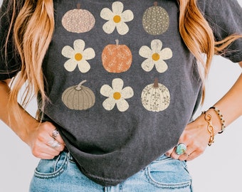 Comfort Colors Halloween-T-Shirt mit Blumen-Kürbis-Motiv, Retro-Herbst-T-Shirt