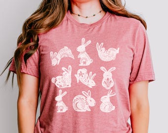 Floral Folk Bunny T-Shirt, Vintage Easter Tee, Boho Rabbit Shirt, Spring Aesthetic Tee, Cute Bunny Lover Gift, Comfort Colors Graphic Tee