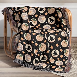 Retro Halloween Woven Blanket: Sugar Cookie Ghost, Pumpkin & Cat
