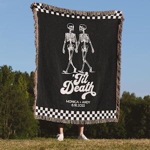 Personalized Skeleton Couple Woven Blanket - &#39;Til Death Custom Name Throw Blanket - Romantic Second Cotton Anniversary Gift Idea