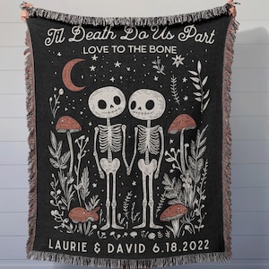 Til Death Blanket: Custom Skeleton Woven Throw, Spooky Wedding Gift, Anniversary Present, Kawaii Goth Halloween Decor, Unique Valentine Idea