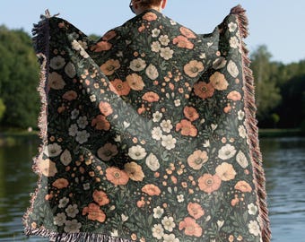 Peach Wildflower Woven Blanket: Cottagecore Floral Tapestry