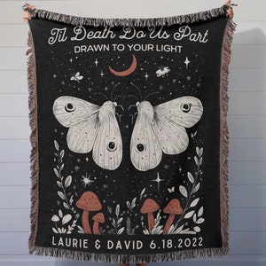 Til Death Blanket: Custom Moths Woven Throw, Spooky Wedding Gift, Anniversary Present, Kawaii Goth Halloween Decor, Unique Valentines Idea